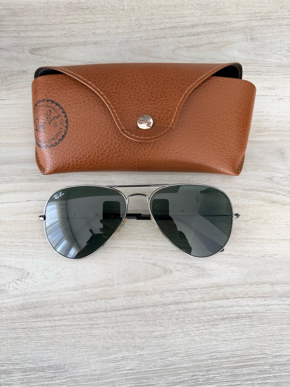 Ray-Ban Silver Aviator Sunglasses with Green Lenses